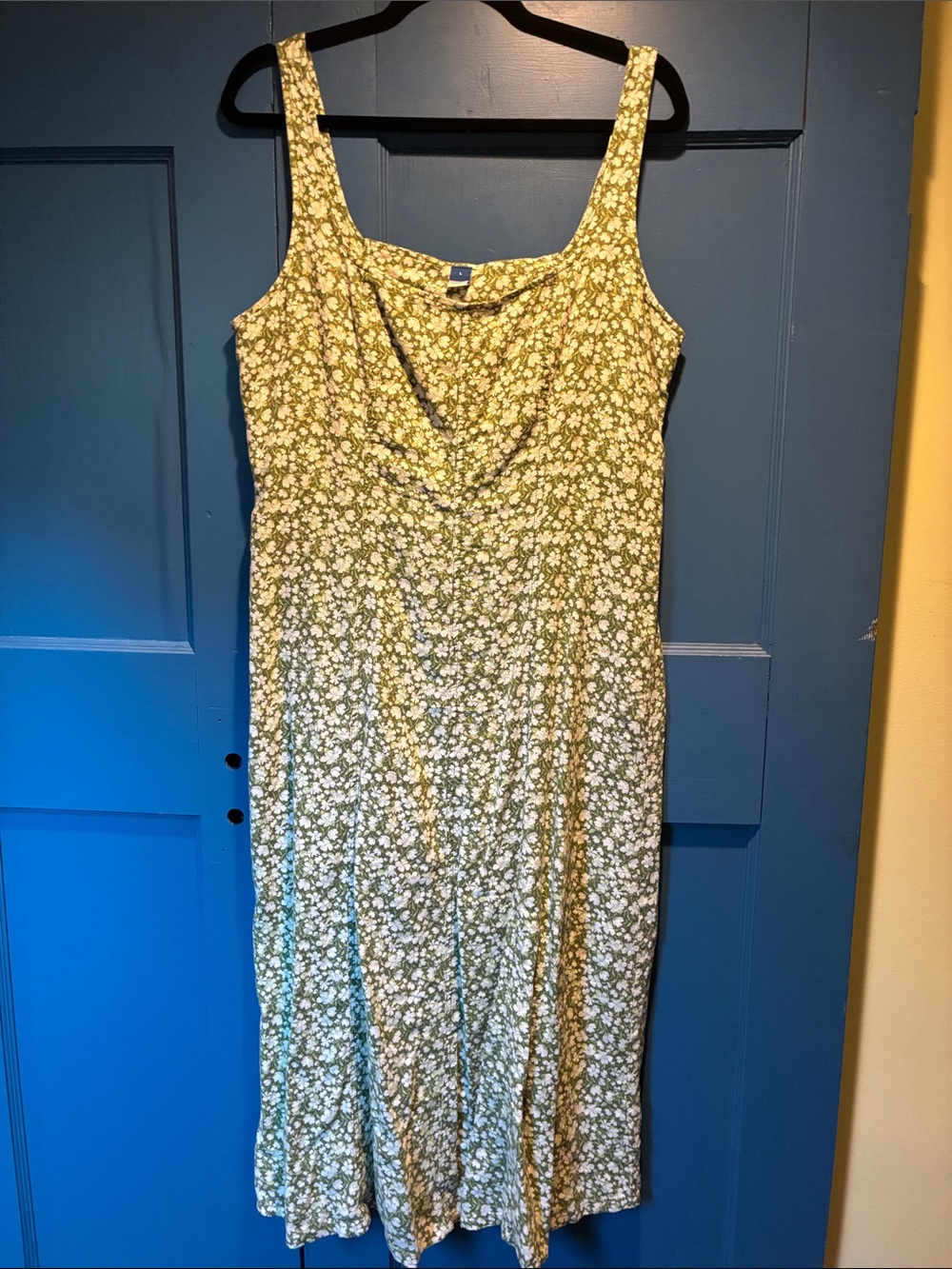 Old Navy Linen Blend Green Floral Midi Dress with Square Neck
